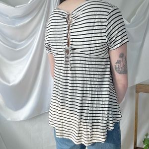 Black and White Striped Tee with Lace Up Back Yoke - Large